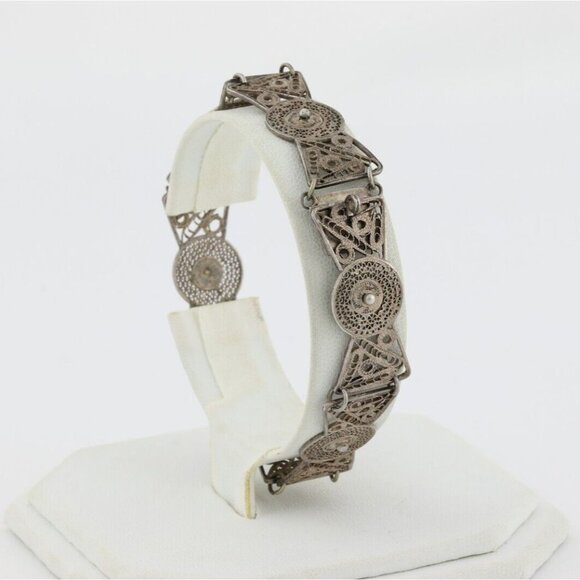 Sterling Silver Filigree Link Bracelet 7 1/4 inch Vintage Israel - Picture 1 of 4